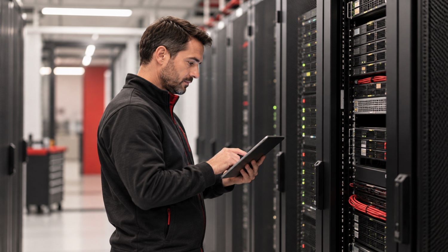 Symbolbild: IT-Fachkraft prüft Systeme im Serverraum